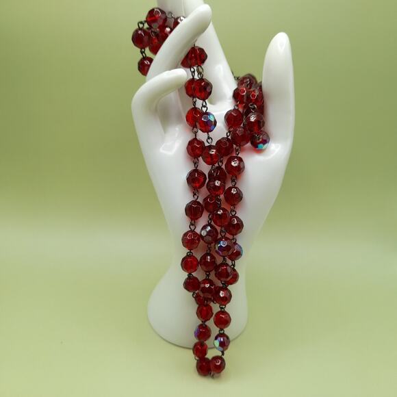Vintage Czech Red Fire Polished Bead Necklace 42” Wire Wrapped No Clasp Jewelry - Picture 9 of 9